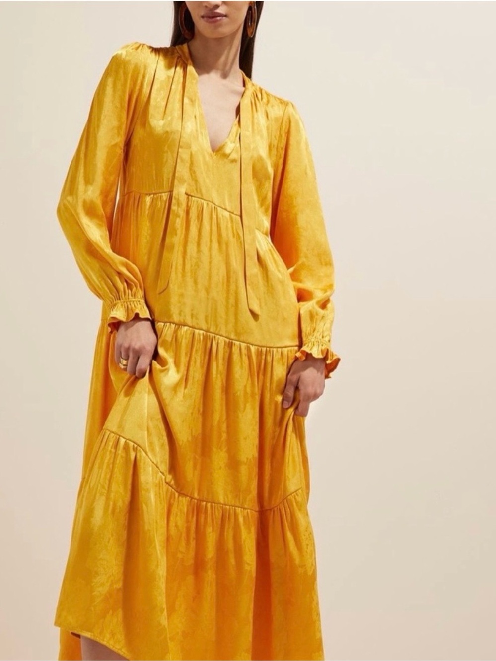 Anthropologie Maeve Yellow Tiered V-Neck Long Sleeve Dress